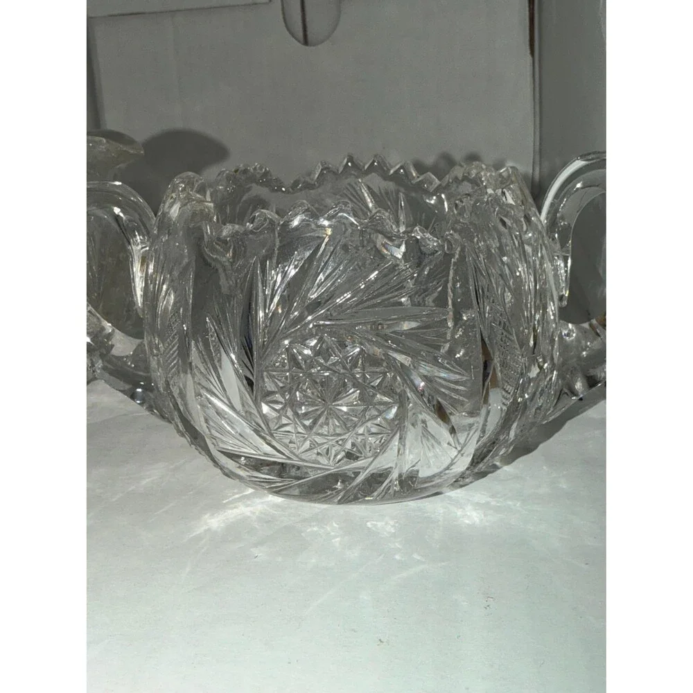 Vintage Cut Crystal Sugar & Creamer Set Scalloped Rim Cut Glass mid century